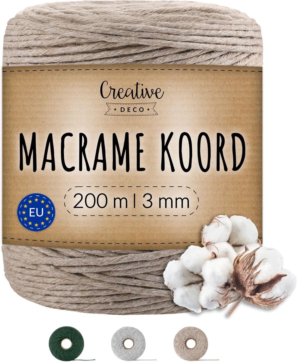 Creative Deco Macrame Koord Katoenen Koord | Beige Donker 200 m | 2-3 mm Dikte